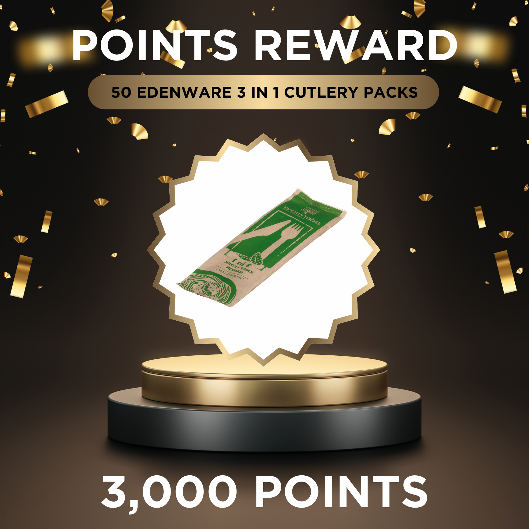 Get Free 50 x High Quality Edenware 3 in 1 set. Napkin, fork and knife for 3000 Reward Points